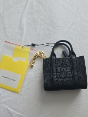 Marc Jacobs Black Pebbled Leather Mini Tote Keychain with Gold Chain